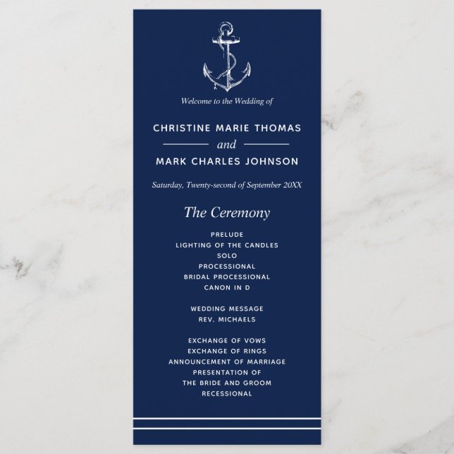 Navy Nautical White Anchor Bröllop Program (Framsida)