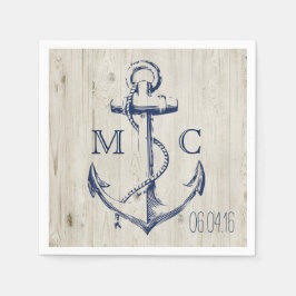 Navy Nautical White Anchor Rustic Wood Monogram Pappersservett