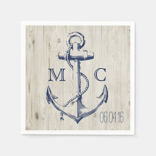 Navy Nautical White Anchor Rustic Wood Monogram Pappersservett (Framsidan)
