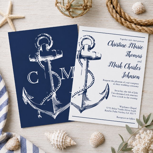 Navy Nautilus Sketch Ankare Script Teckensnitt Brö Inbjudningar (Tie the knot with this navy nautical sketch anchor wedding invitation. )
