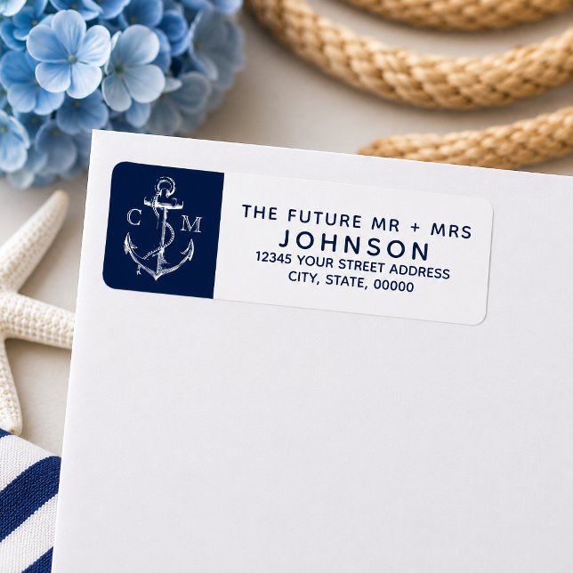 Navy nautisk skiss vit ankare monogram | returadress etikett (Navy nautical sketch anchor address labels for the future Mr & Mrs.

)
