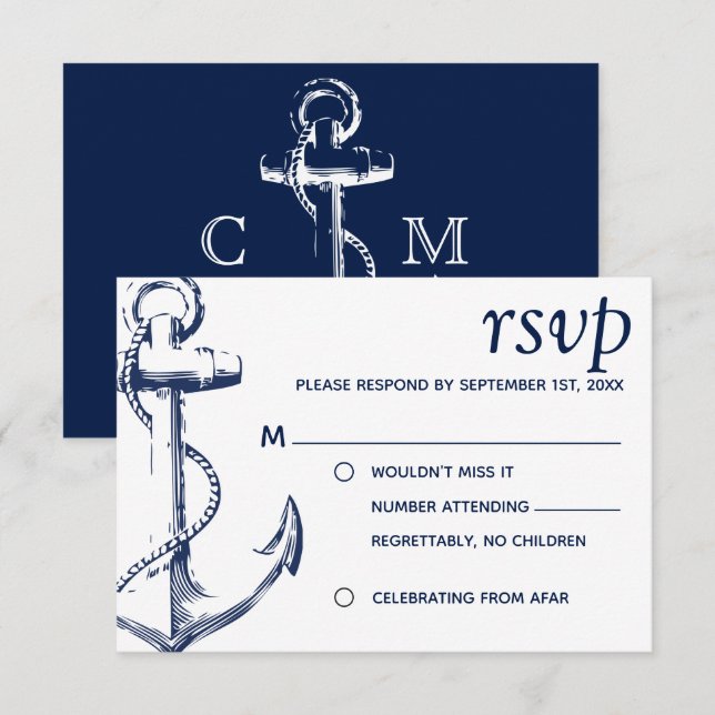 Navy nautisk skissankare inga barn RSVP Inbjudningar (Fram/baksida)