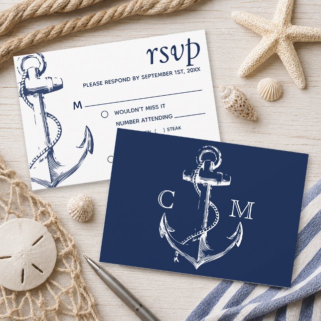 Navy nautisk skissankare | Måltidssvar RSVP Inbjudningar (Tie the knot with this navy nautical sketch anchor wedding rsvp. )