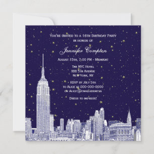 Navy NYC Siluett Etch Stjärnig DIY BG Sweet 16 SQ Inbjudningar