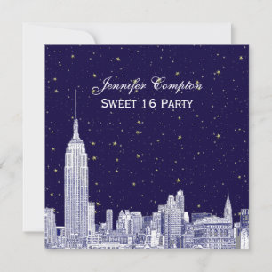 Navy NYC Siluett Etch Stjärnig DIY BG Sweet 16 SQ Inbjudningar