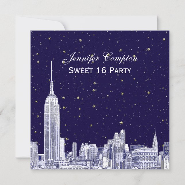 Navy NYC Skyline Etch Starry DIY BG Sweet 16 SQ in Inbjudningar (Framsida)