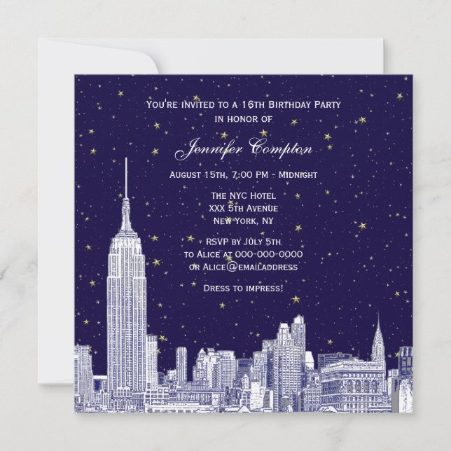 Navy NYC Skyline Etch Stjärnig DIY BG Sweet 16 SQ  Inbjudningar (Framsida)