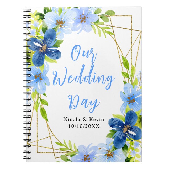 Navy och babyblå blomsterbröllopsplanering anteckningsbok (Framsidan)