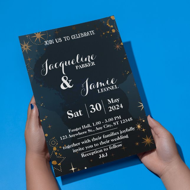 Navy och Black Night Himlar Illustrative Bröllop Inbjudningar (Navy and Black Night Sky Illustrative Wedding Invitation)