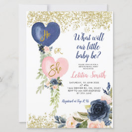Navy Och Blush Ballong Köns Avslöjande Inbjudan