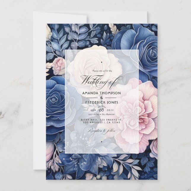 Navy och Blush Blommig Bröllop Inbjudningar (Framsida)