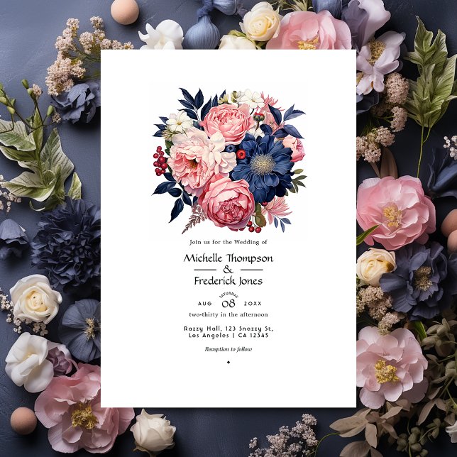 Navy och Blush Blommig Bröllop Inbjudningar (Skapare uppladdad)