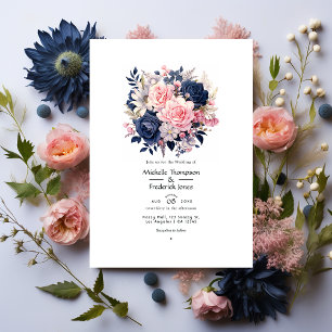 Navy och Blush Blommig Bröllop Inbjudningar