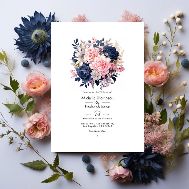 Navy och Blush Blommig Bröllop Inbjudningar (Skapare uppladdad)