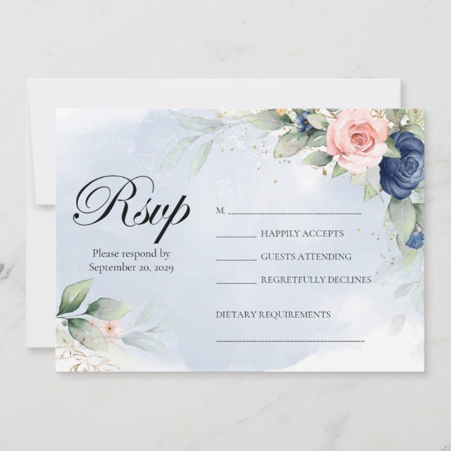 Navy och Blush Blommig Bröllops-RSVP Inbjudningar (Framsida)
