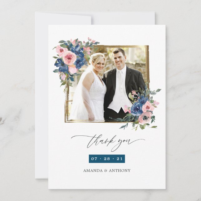 Navy och Blush Blommig Bröllopsfotocollage Tack Kort (Framsida)