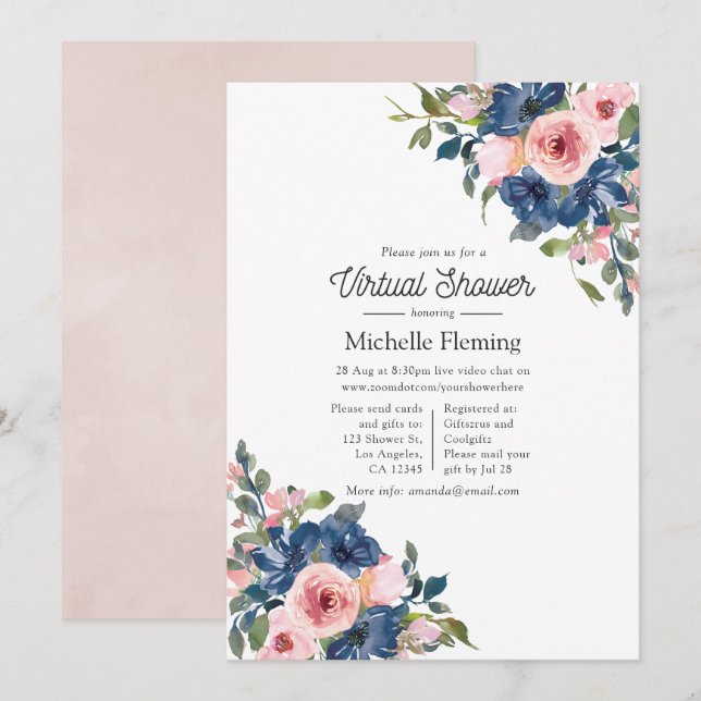 Navy och Blush Blommig Virtuell Bebis Shower Inbjudningar (Fram/baksida)