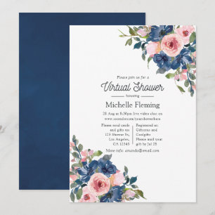 Navy och Blush Blommig Virtuell Bebis Shower Inbjudningar