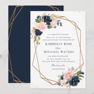 Navy och blush blomsterbröllop uppskjuten inbjudan