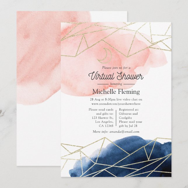 Navy och Blush Geometrisk Virtuell Bebis Shower Inbjudningar (Fram/baksida)