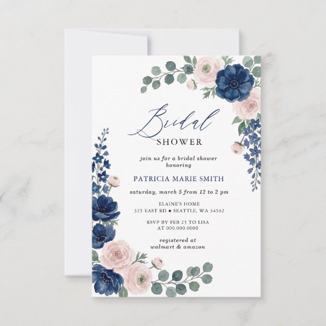 Navy och Blush Greenery Modern Bröllopsdusch Inbjudningar (Framsida)