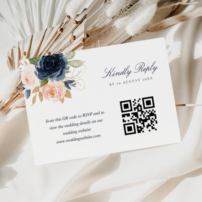 Navy och blush rosa blomma QR-kod RSVP-kort OSA Kort (Skapare uppladdad)