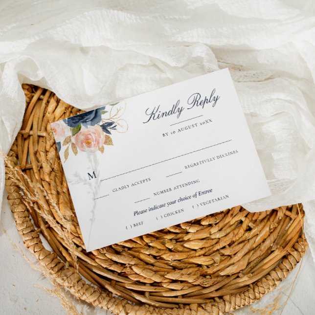 Navy och blush rosa blommig menyval RSVP-kort OSA Kort (Skapare uppladdad)