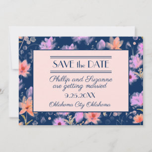 Navy och blush rosa vintage blomsterlig spar datum inbjudningar