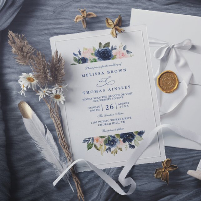 Navy och Blush Rustik Elegant Chic QR-kod Bröllop Inbjudningar (Skapare uppladdad)