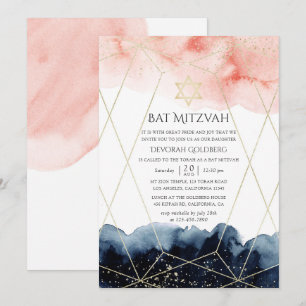 Navy och Blush Watercolor Geometrisk Bat Mitzvah Inbjudningar