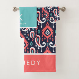 Navy och Coral Ikat Paisley Monogram