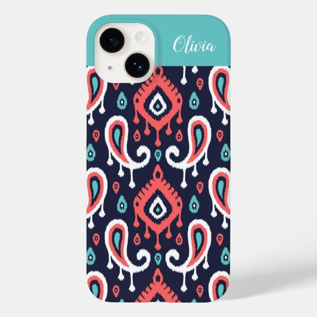 Navy och Coral Ikat Paisley Monogram (Baksida)
