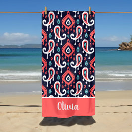 Navy och Coral Ikat Paisley Namn Monogram