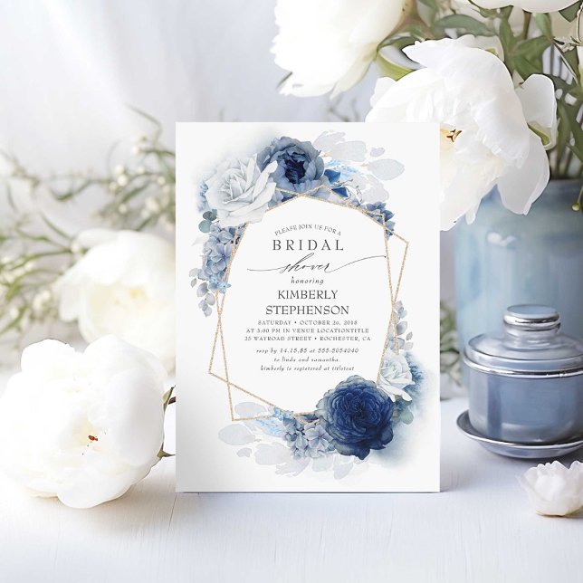 Navy och dammig blå blomstergudstjänst för bröllop inbjudningar (Dusty Blue Bridal Shower Invitation)