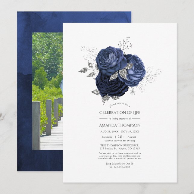 Navy och Faux Glitter Silver Livets Firande Inbjudningar (Fram/baksida)