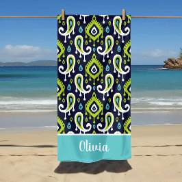 Navy och Grön Ikat Paisley Namn Monogram