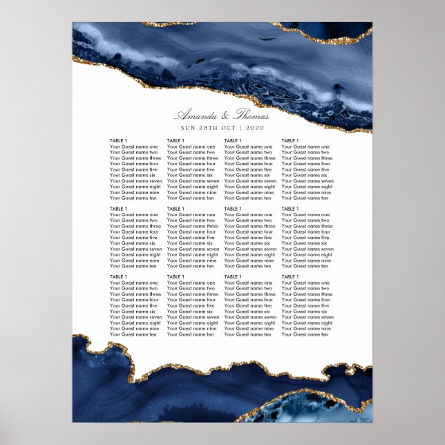 Navy och guld Agate bröllops sittplatskarta Poster (Framsidan)