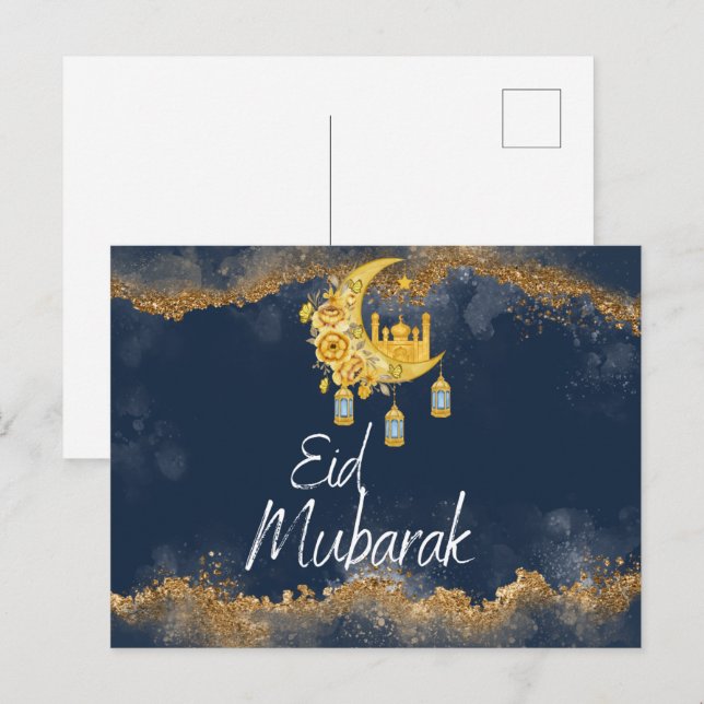 Navy och Guld Agate Eid Mubarak Eid Vykort (Fram/baksida)