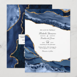 Navy och guld Agate stenen QR-kod RSVP Bröllop Inbjudningar