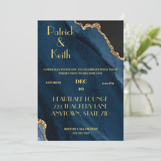 NAVY OCH GULD AGATE WEDDING INVITE, GAY BRÖLLOP INBJUDNINGAR (Stående Fram)