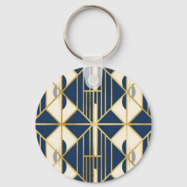 Navy och guld Art Deco geometriskt mönster Nyckelring (Framsida)