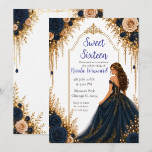 Navy och guld blommig Sweet Sixteen-fest Inbjudningar