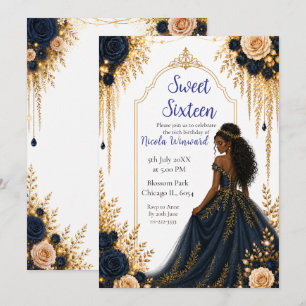 Navy och guld blommig Sweet Sixteen-fest Inbjudningar