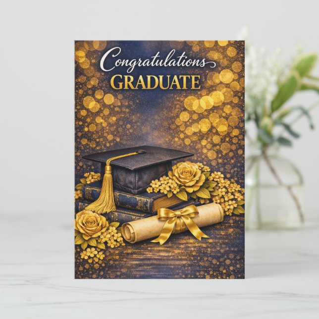 Navy och guld examenskort  julkort (Stående Fram)