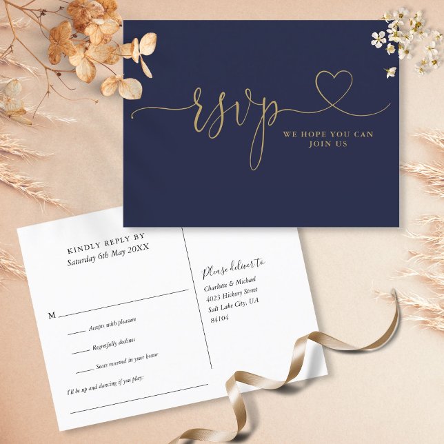 Navy Och Guld Hjärt Script Låtförfrågan RSVP-kort Inbjudan Vykort (Skapare uppladdad)