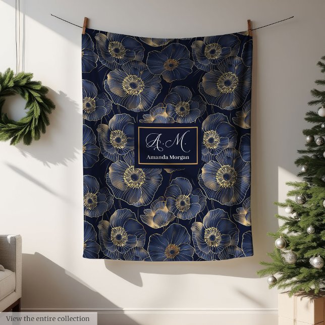 Navy och guld lyxig filt med anpassat namn blomste (Navy and Gold Lux Blanket Custom Name Floral Gift)