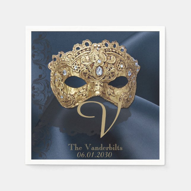 Navy och Guld Masquerade Monogram Napkin Pappersservett (Framsidan)