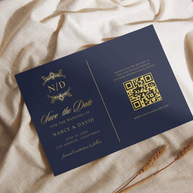 Navy och guld monogram qr-kod bröllop  spara datumet (Skapare uppladdad)