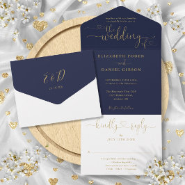 Navy Och Guld Script Hjärter Minimalist Bröllop