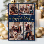 Navy och Guld Snowflake 5 Photo Collage jul Julkort<br><div class="desc">Modern Elegant Calligraphy Navy och Guld Snöflingor 5 Photo Collage God jul Script Helgdag Card. Den här sjutna, minimalistiska, fem (5) fotokortmallen innehåller ett fotokollage i söt, en snöflake och säger "God jul"! Texten "God jul" hälsning är skriven i ett vackert handskript med penseltypsskript i guld på marinblå färg-bakgrund. På...</div>